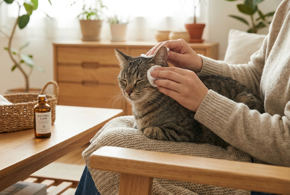 Chat européen recevant un soin doux des yeux et des oreilles