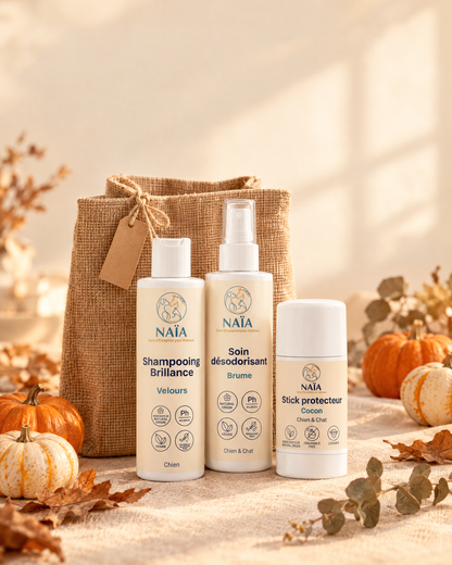 Coffret Frisson d'automne NAÏA : shampooing Velours, soin désodorisant Brume et stick Cocon dans un sac en jute