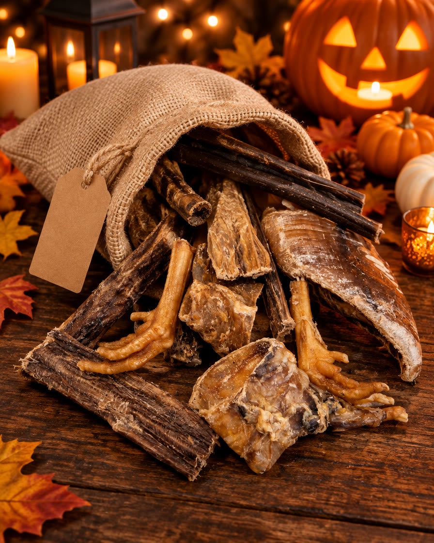 Sac en toile de jute ouvert et friandises naturelles à mâcher sur une table décorée pour Halloween