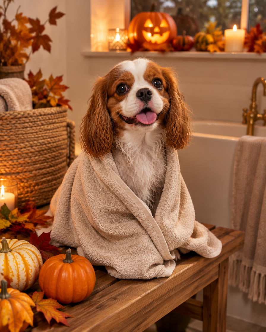 Petit chien au pelage propre enveloppé dans une serviette après le bain, décor d'automne et d'Halloween