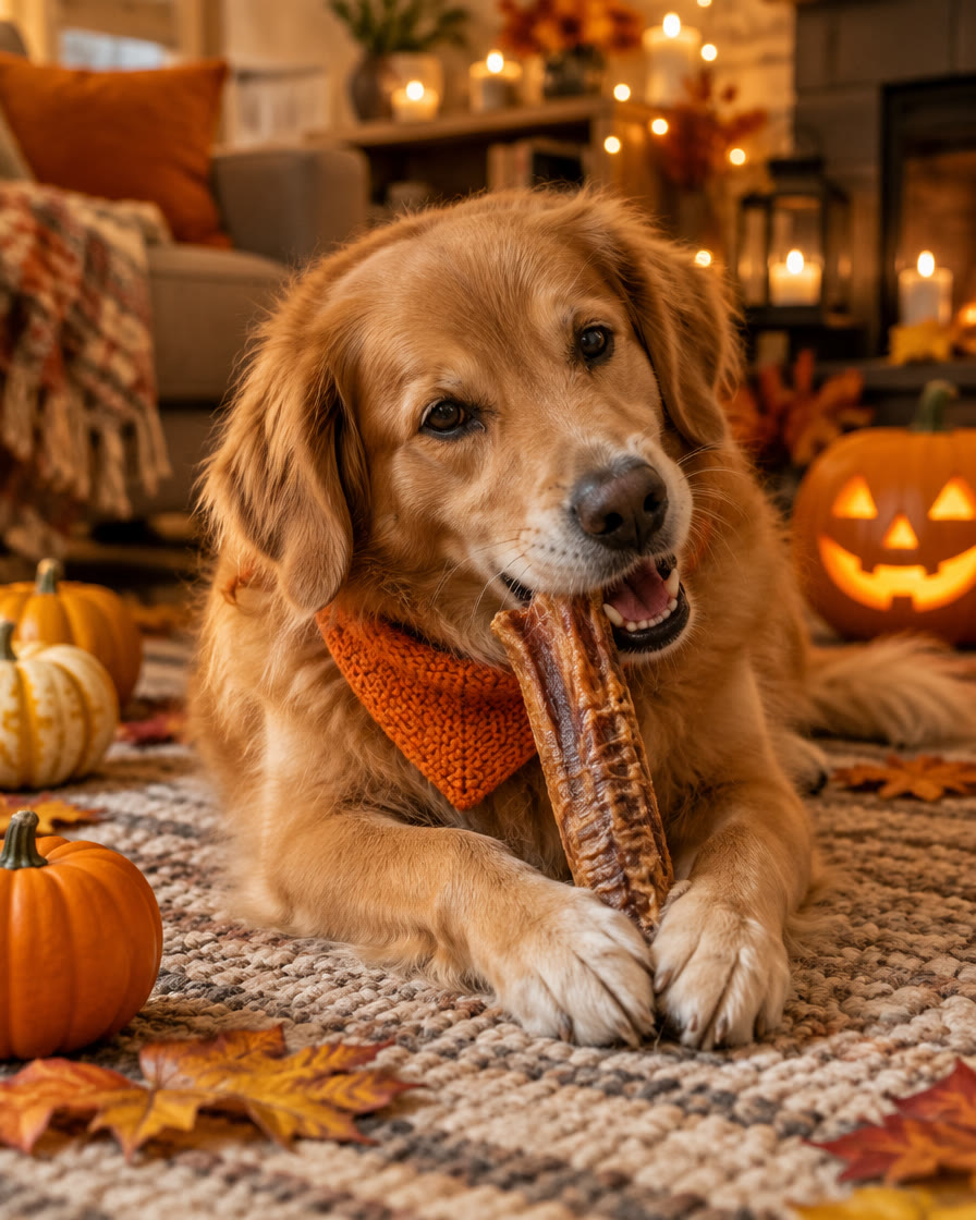 Chien qui mâche une trachée de bœuf naturelle sur un tapis, soirée d'Halloween avec citrouilles